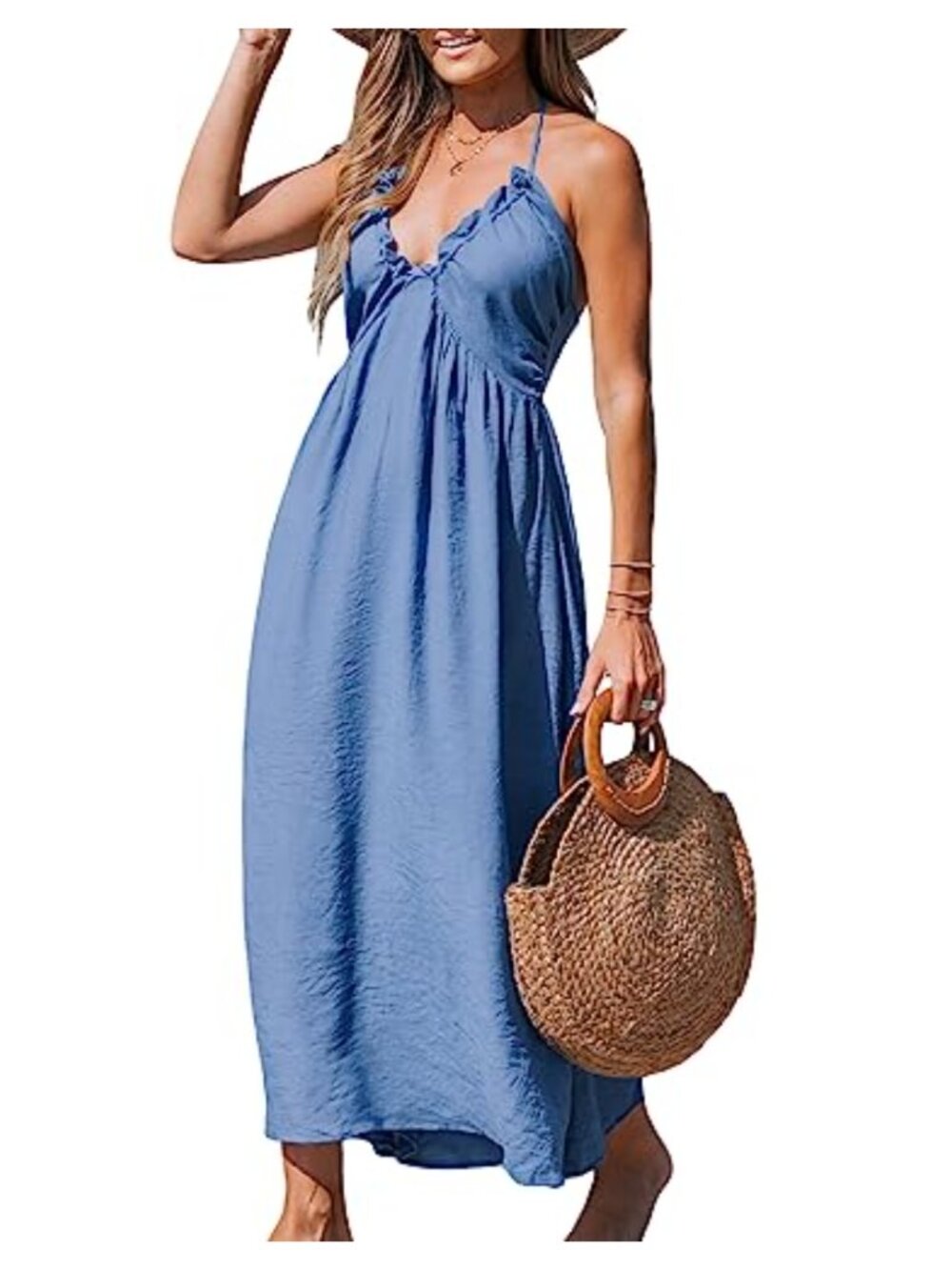 CUPSHE Women's Plunge Halter Smocked Maxi Dress | Backless Ruffle Sundress